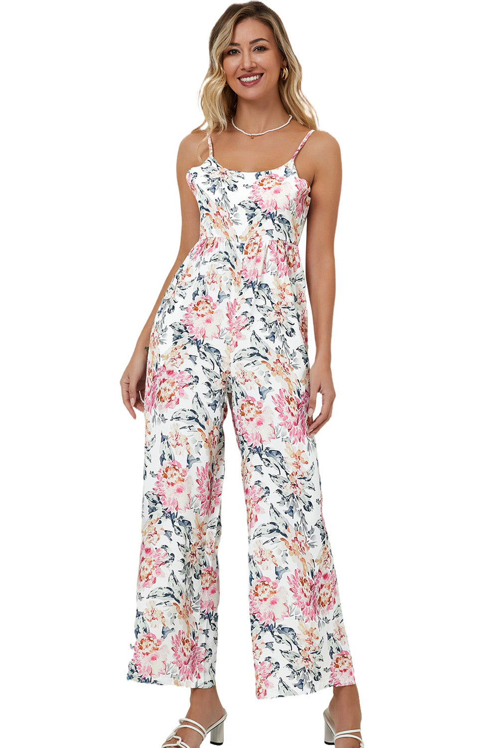 Orange Floral Spaghetti Straps Wide Leg Jumpsuit