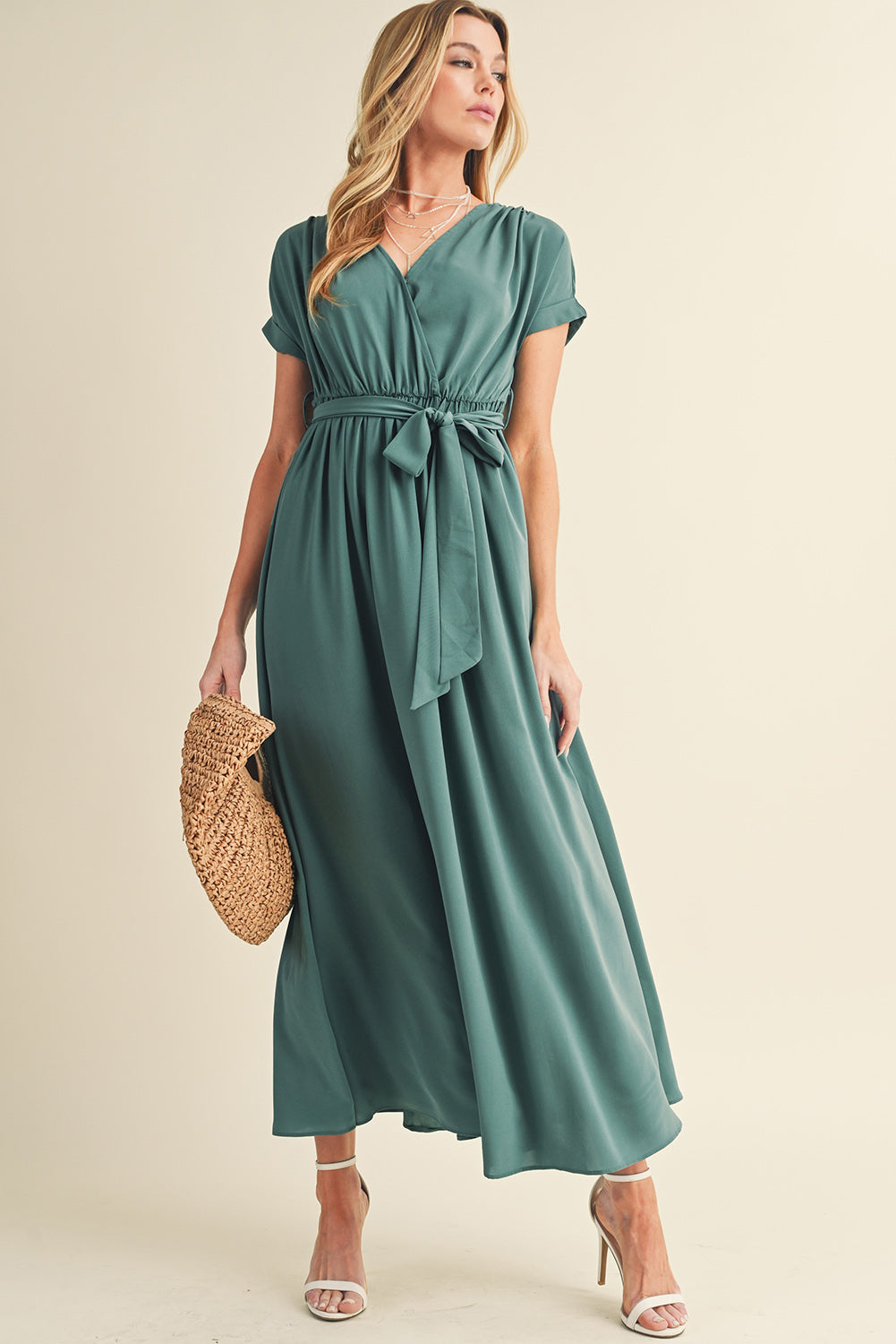 Green Wrap V Neck Belted Pleated Maxi Dress