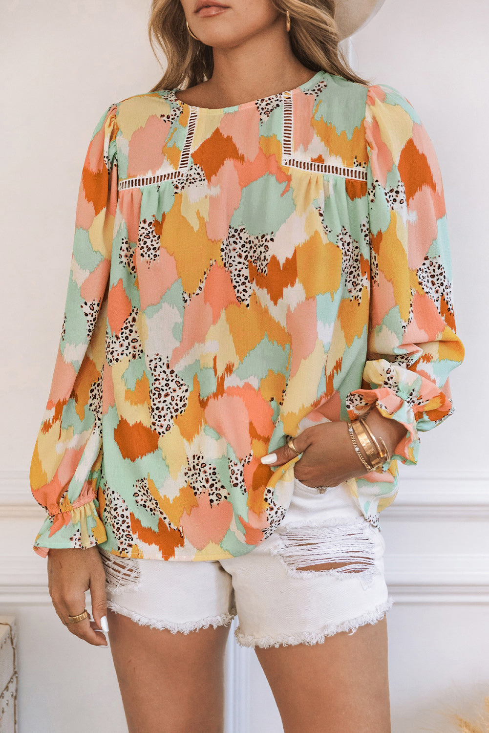 Multicolor Abstract Bohemian Puff Sleeve Blouse