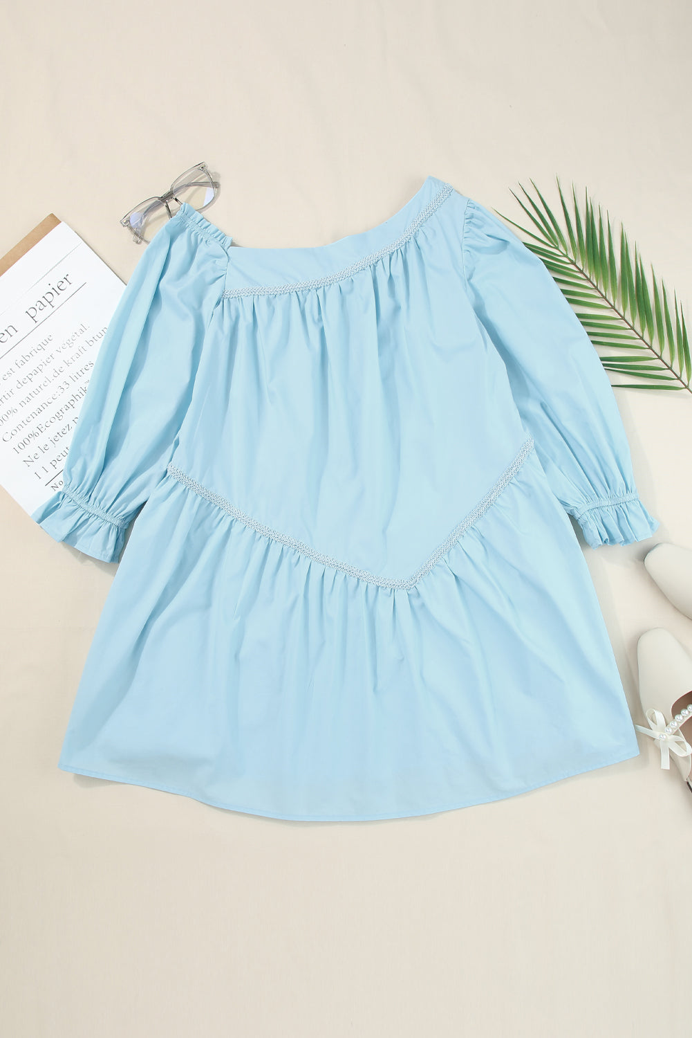 Sky Blue Puff Sleeve Asymmetric Pleated Flowy Mini Dress