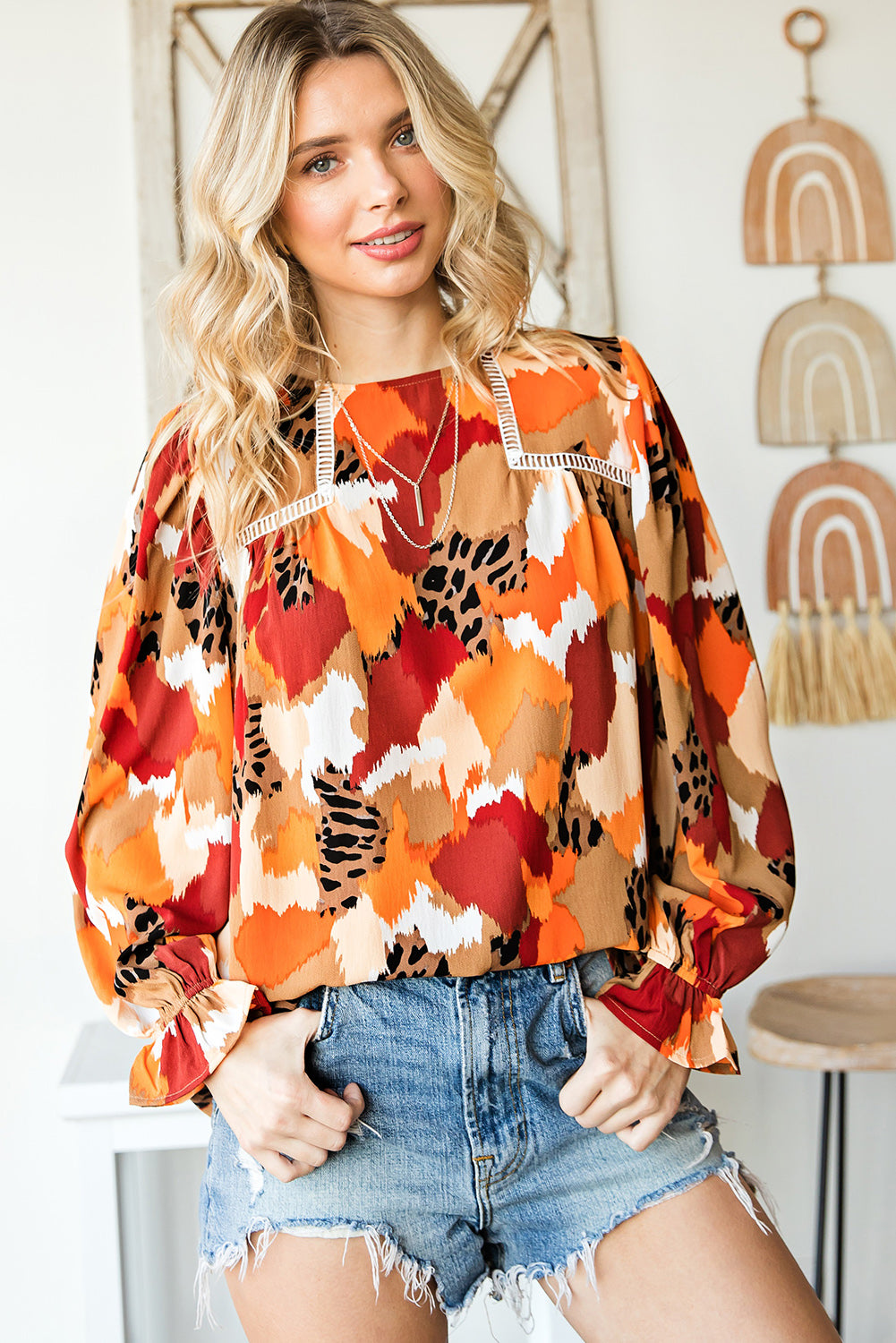 Multicolor Abstract Bohemian Puff Sleeve Blouse