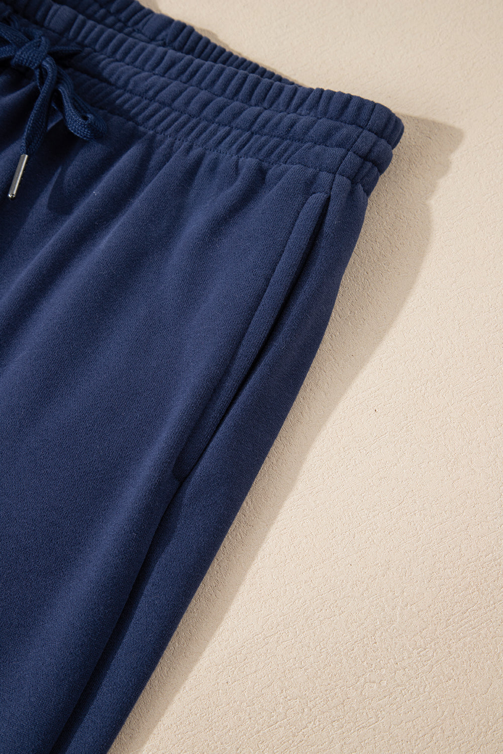 Navy Blue Plain Fleece Lined Drawstring Waist Joggers