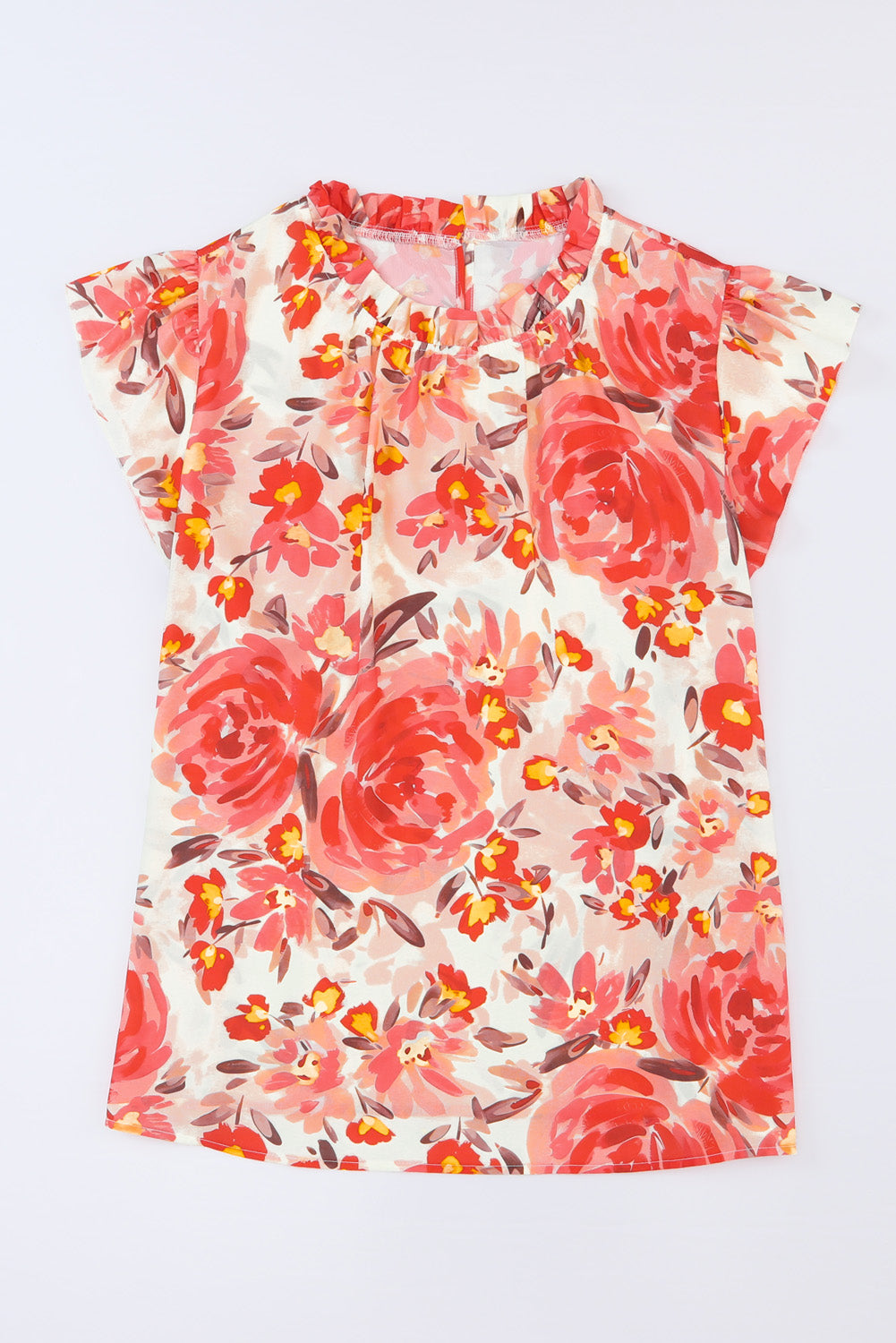 Red Plus Size Watercolor Floral Print Frill Neck Blouse