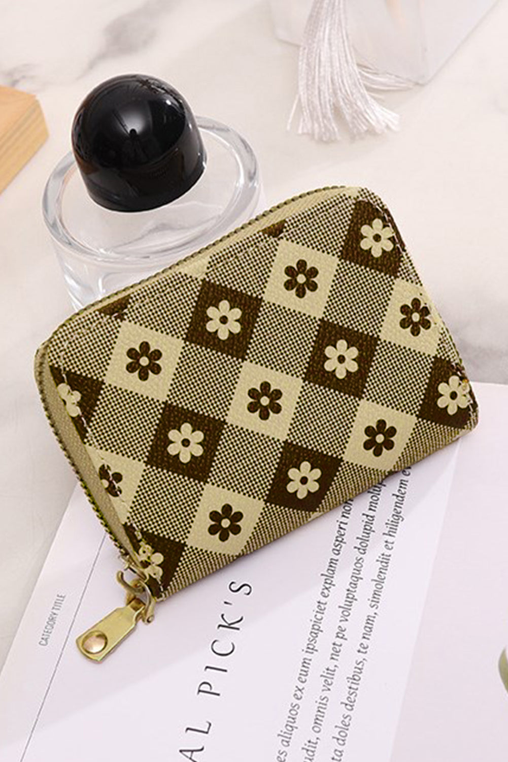 Khaki Flower Checkered PU Leather Wallet