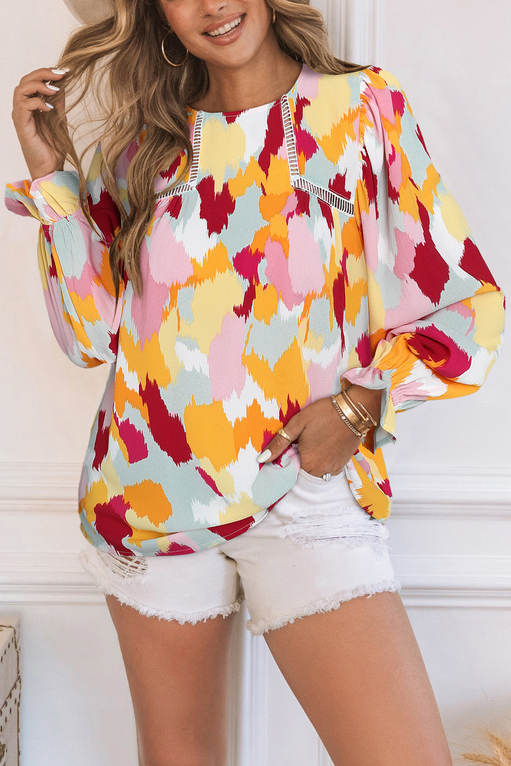 Multicolor Abstract Bohemian Puff Sleeve Blouse