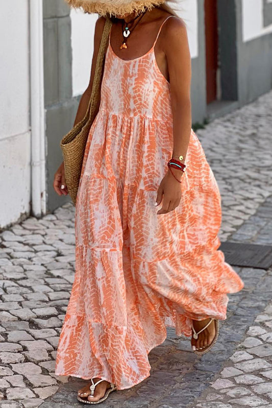 Orange Abstract Print Backless Tiered Maxi Dress