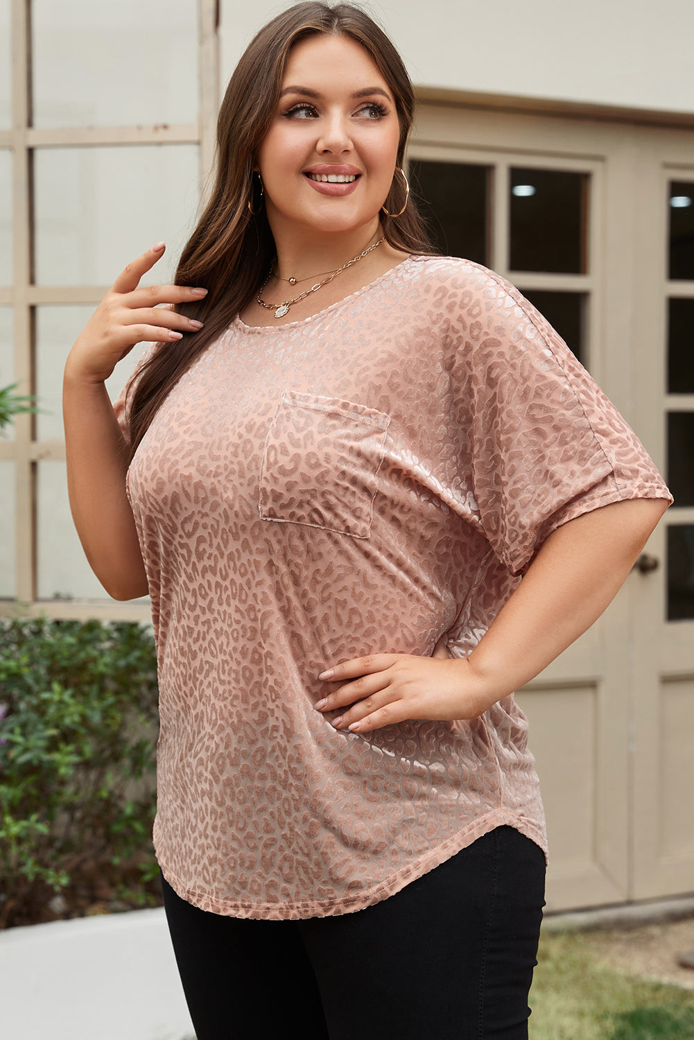 Khaki Leopard Print Plus Size Half Sleeve T Shirt