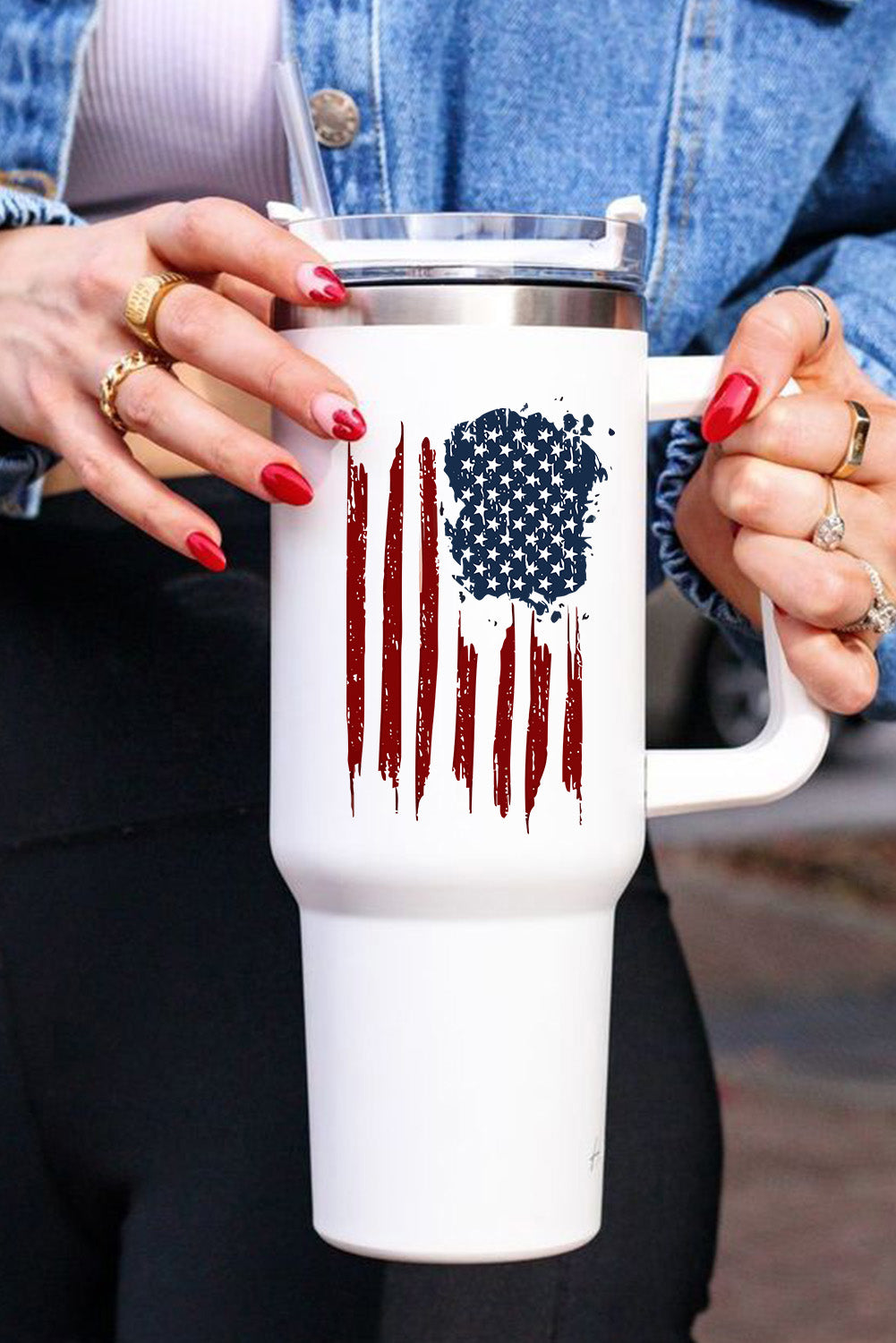 White American Flag Print Stainless Steel Portable Tumbler Mug with Straw