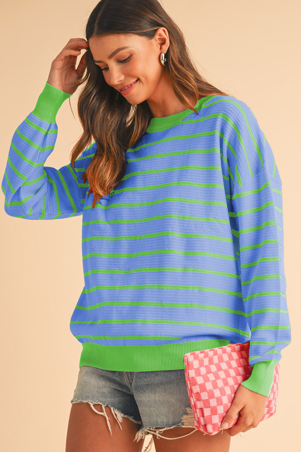 Sky Blue Stripe Round Neck Drop Shoulder Loose Sweater