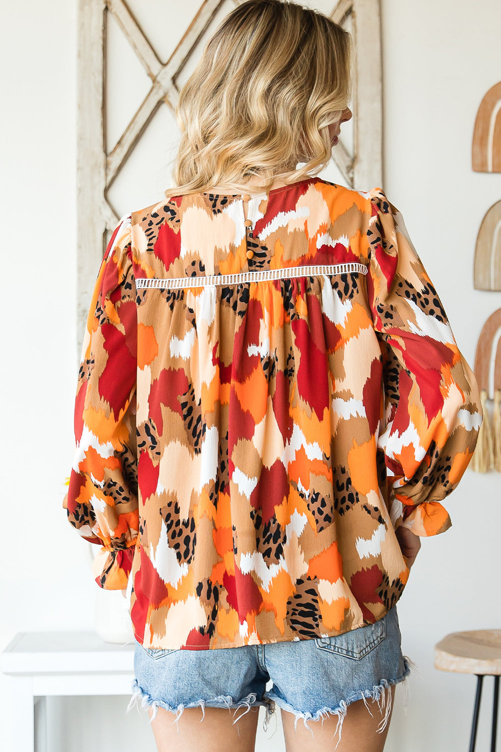 Multicolor Abstract Bohemian Puff Sleeve Blouse