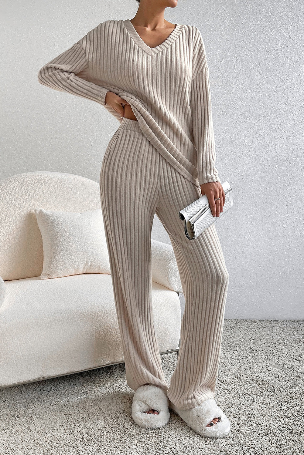 Black Slouchy Ribbed Knit V Neck Top & Pants Loungewear Set