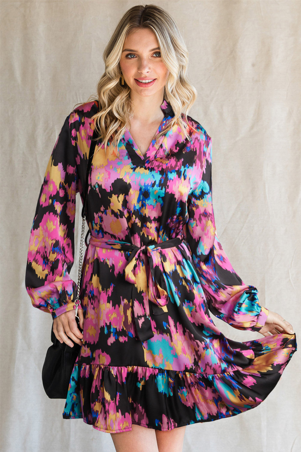 Abstract Print Waist Belted Flounce Hem Split V Neck Long Sleeve Dress