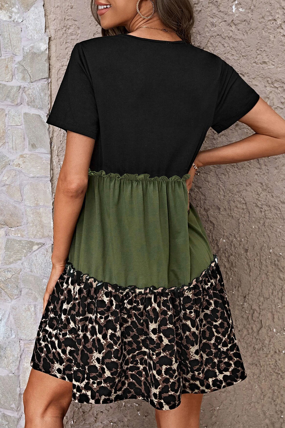 Jungle Green Leopard Print Colorblock Frill Trim T Shirt Dress