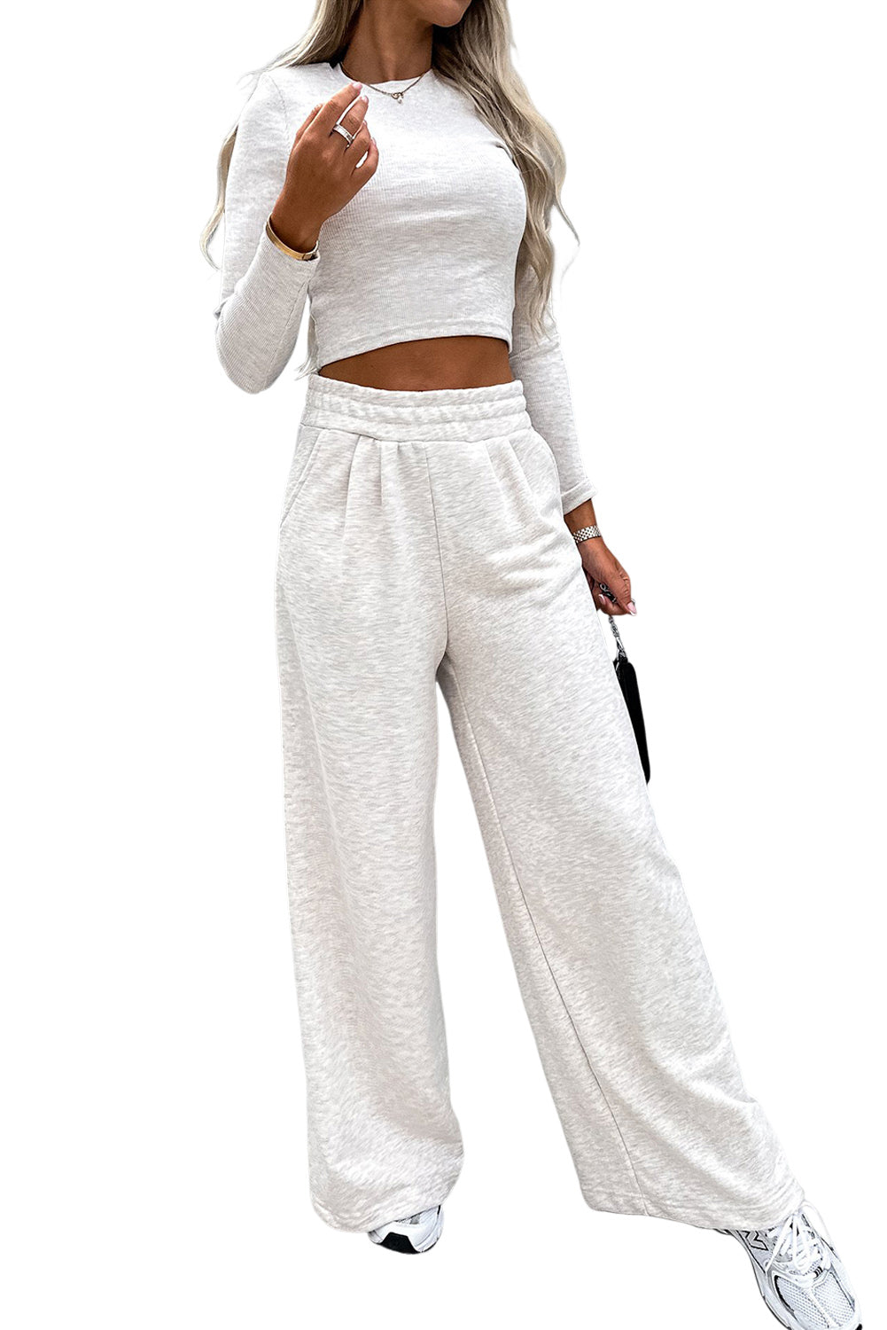 Black Long Sleeve Crop Top And Wide Leg Pants Set