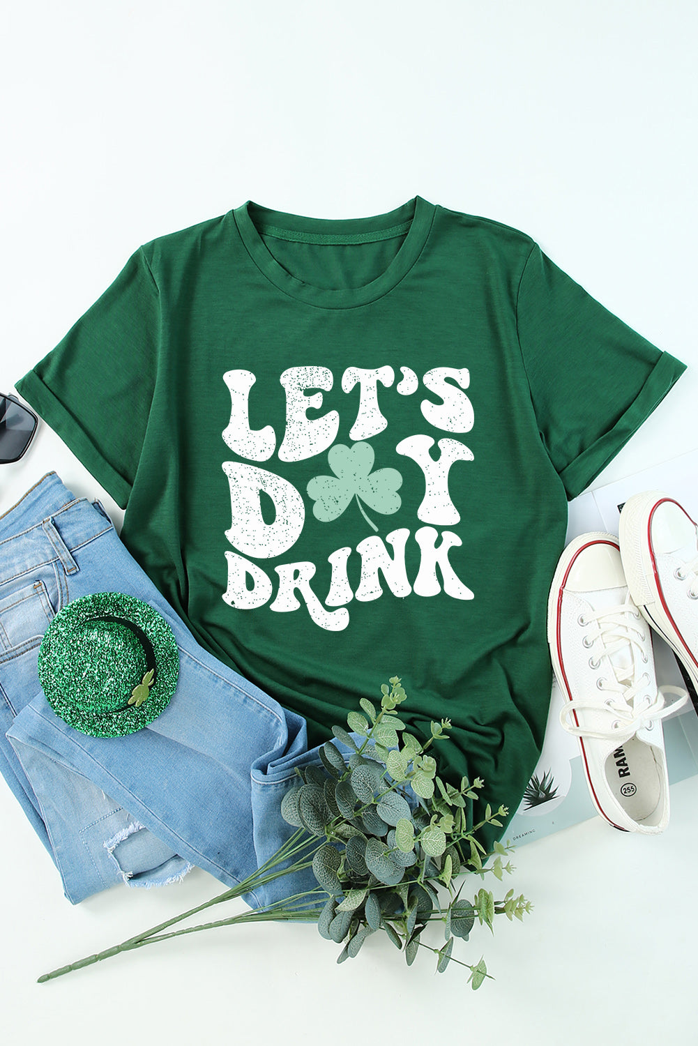 Green Lets Day Drink Clover Graphic Round Neck T Shirt