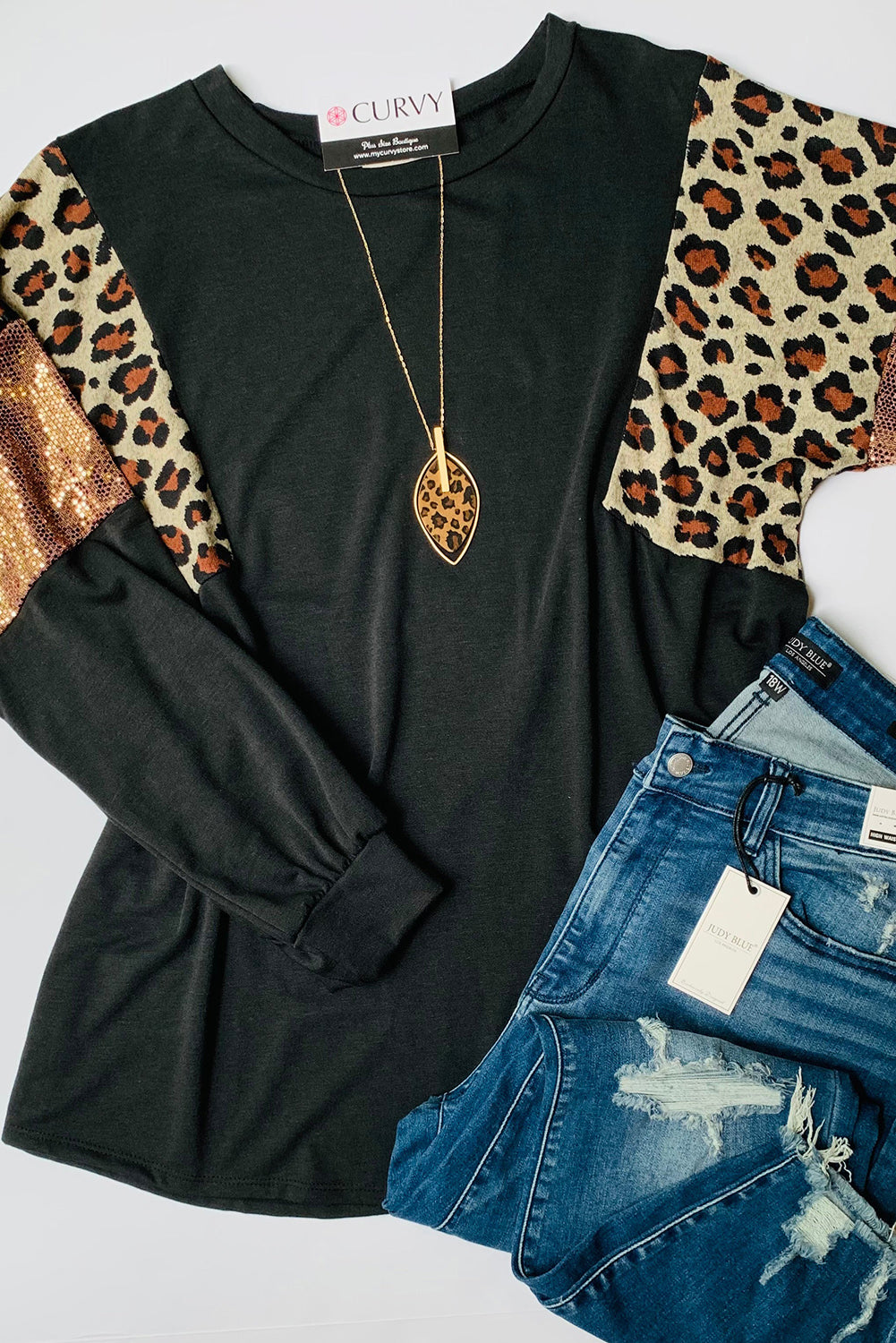 Black Plus Size Leopard Sequin Patchwork Long Sleeve Top