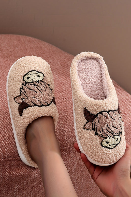 Parchment Cartoon Animal Printed Plush Slippers