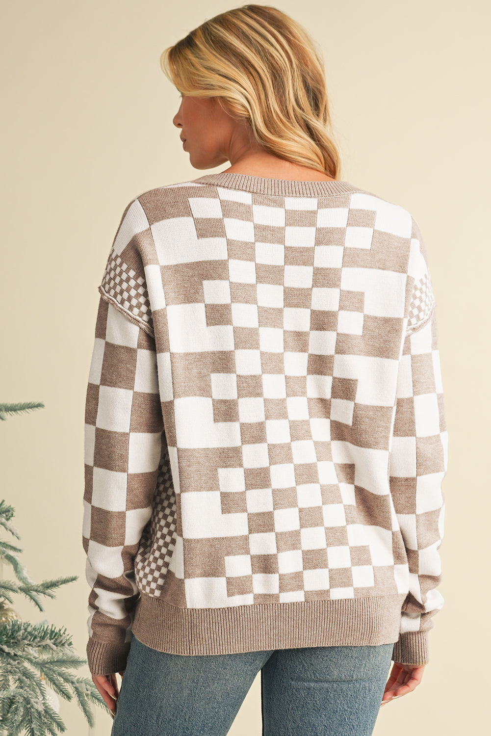 Khaki Checkered Drop Shoulder Round Neck Sweater