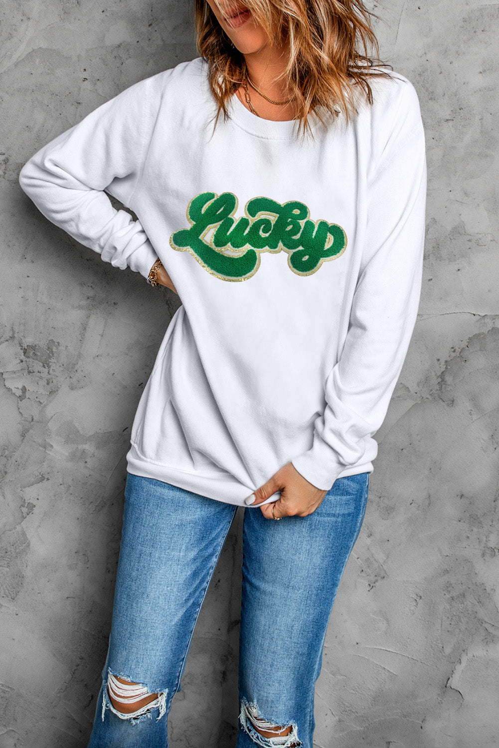 White Shiny Trim Chenille Lucky Letter Graphic Sweatshirt