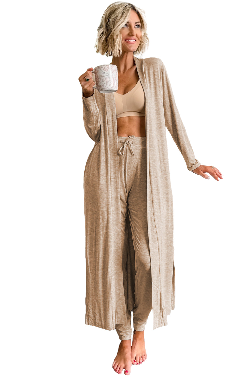 Light Grey Split Long Cardigan and Skinny Pants Loungewear Set