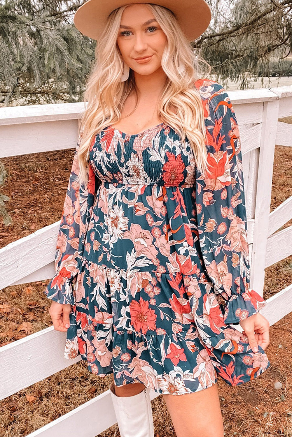 Dark Blue Floral Smocked Tiered Ruffle Puff Sleeve Short Dress