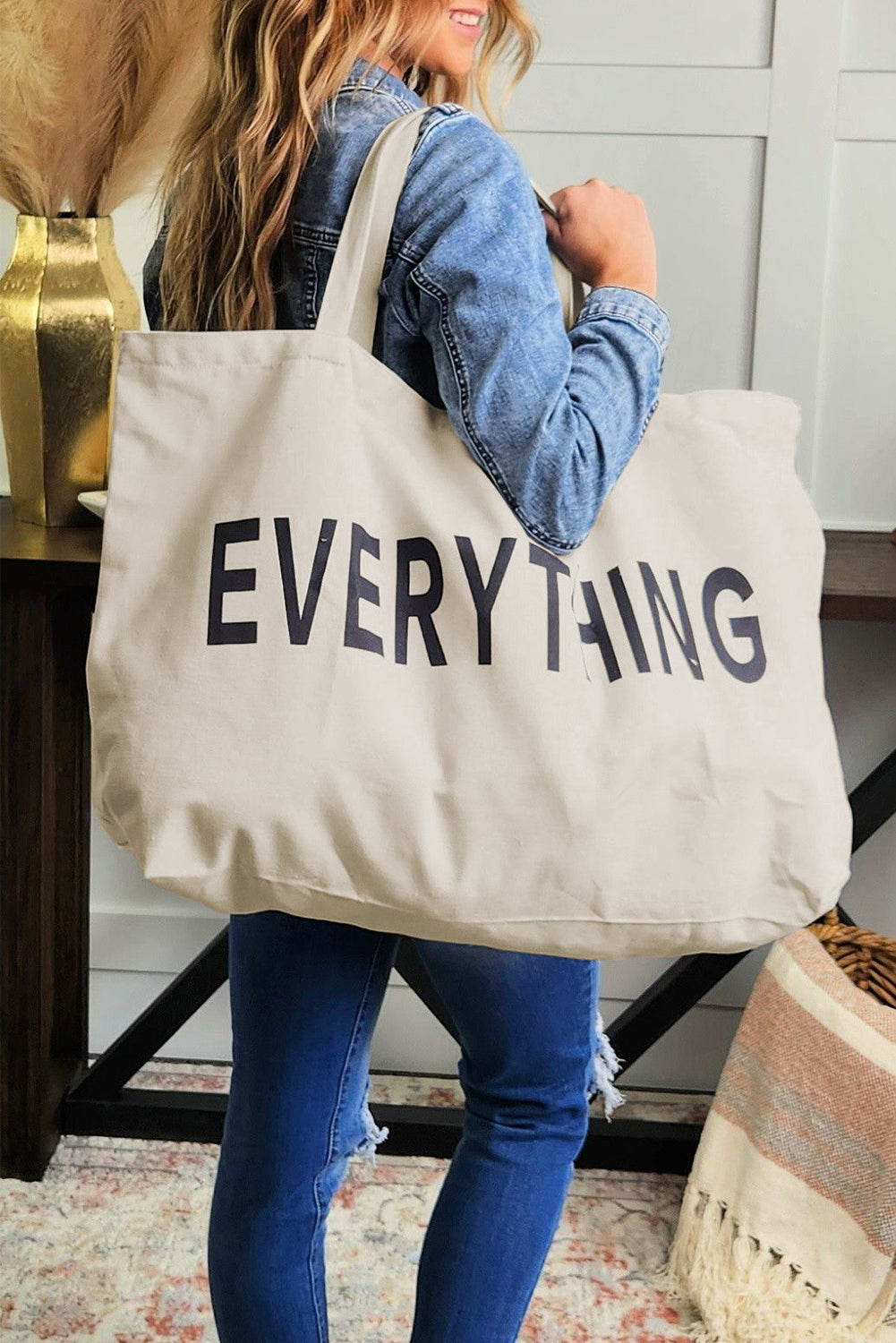 Black 73*17*44cm EVERYTHING Letter Print Large Canvas Tote Bag