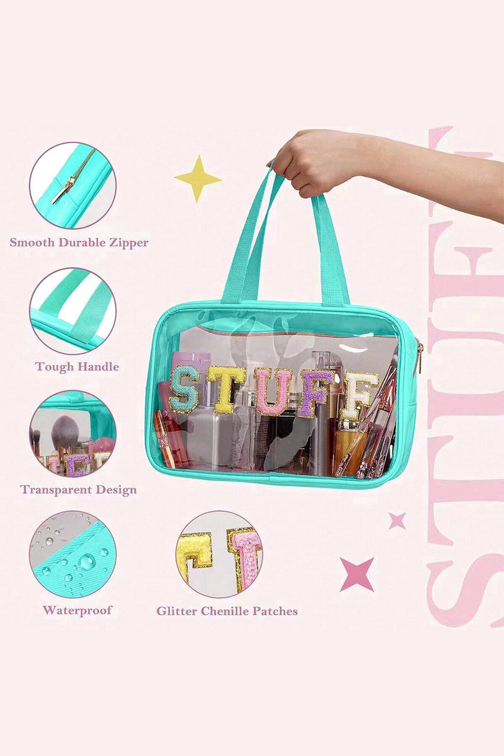 Light Blue STUFF Patch Clear Makeup Bag