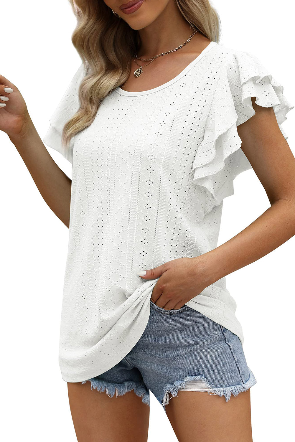 White Eyelet Textured Ruffle Short Sleeve Blouse