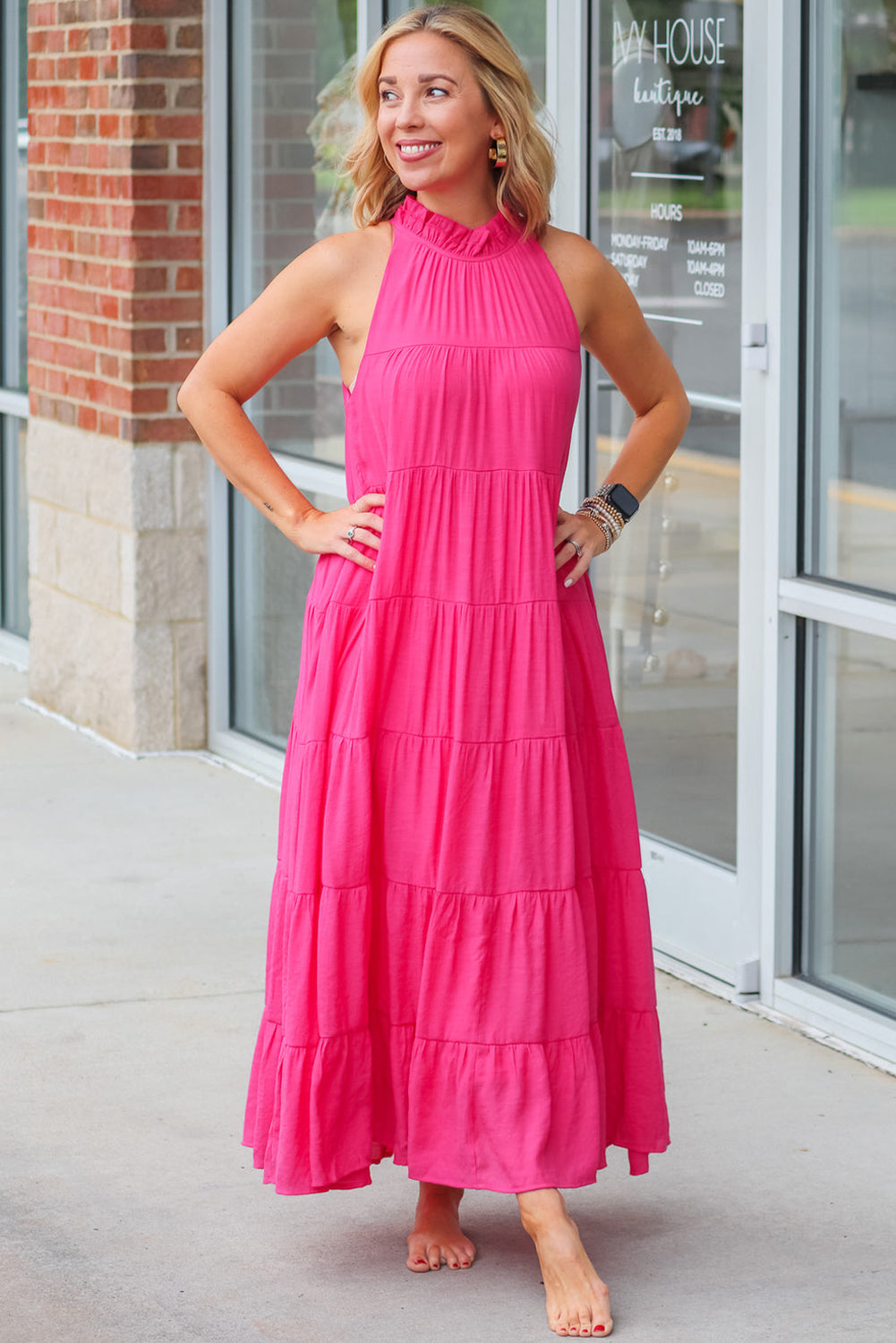 Rose Red Knotted Frill Neck Tiered Flared Maxi Dress