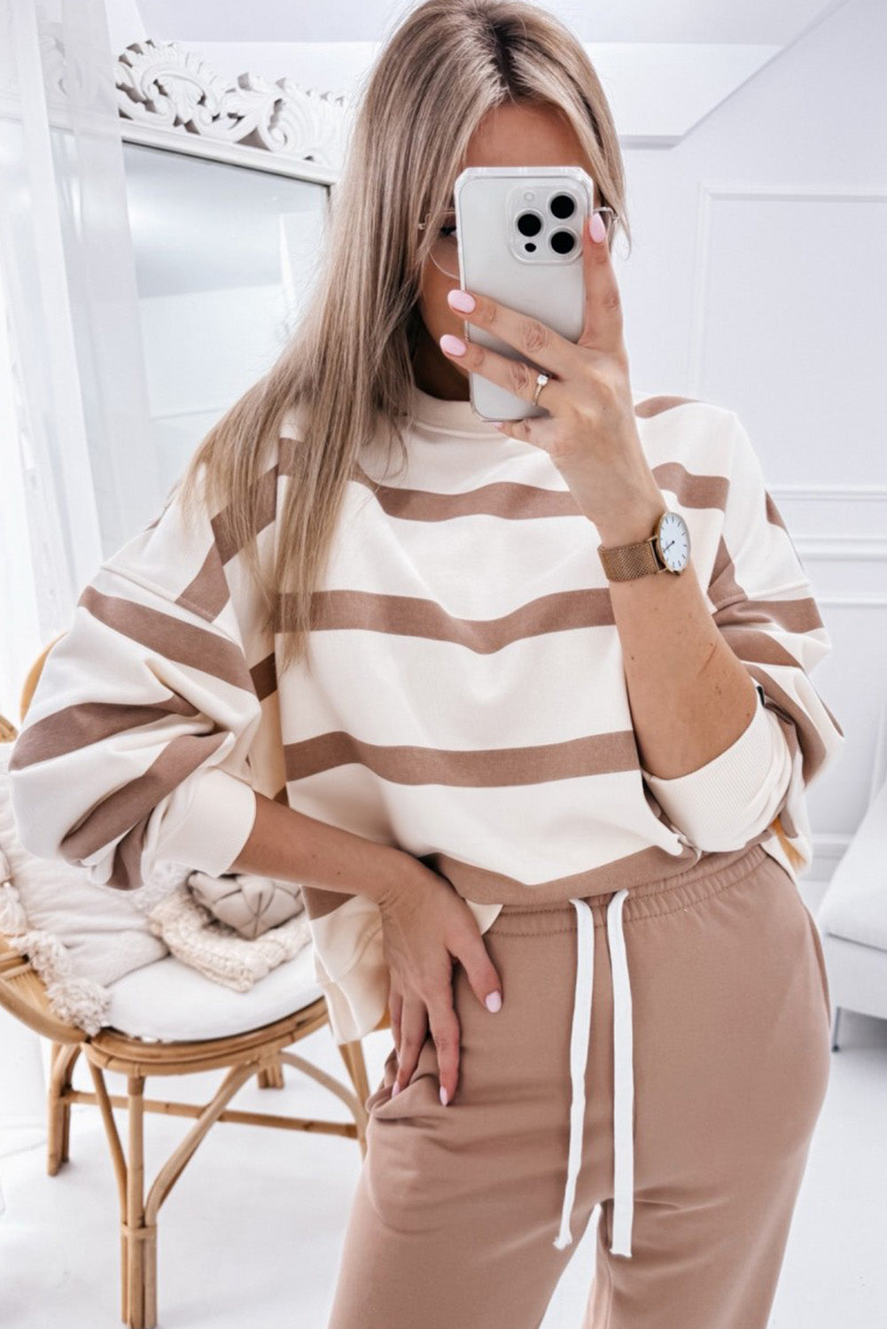 Light French Beige Striped Drop Shoulder Pullover and Joggers Set