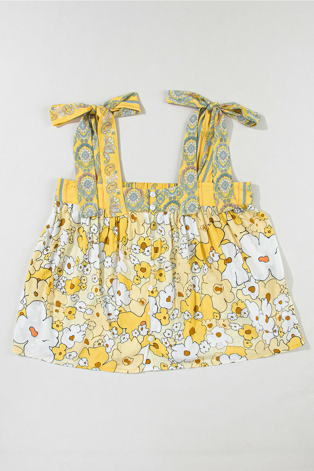 Yellow Floral Patchwork Boho Knot Straps Top