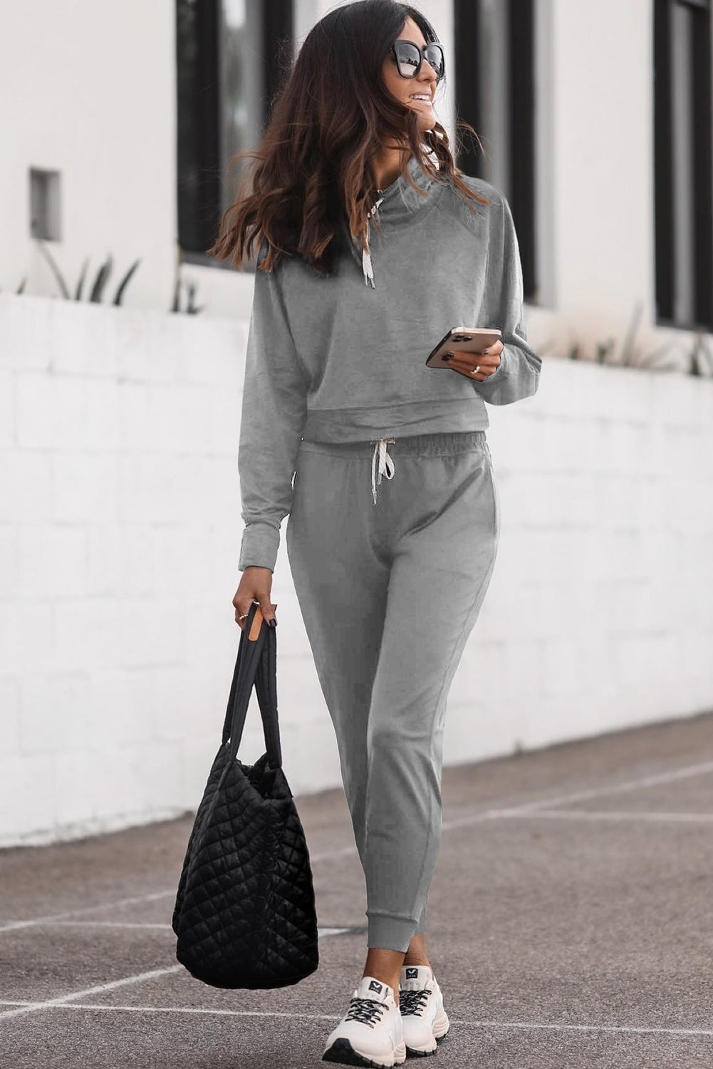 Gray Solid Color Cropped Hoodie and High Waist Joggers Loungewear Set