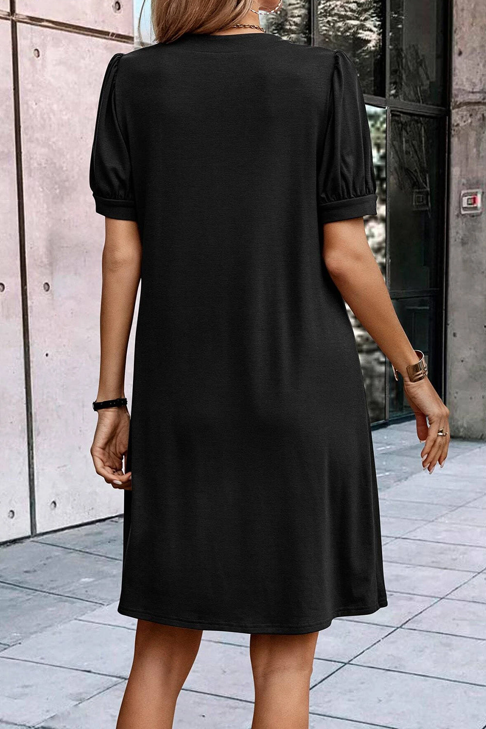 Desert Palm Notched Neck Pleated Puff Sleeve T Shirt Dress