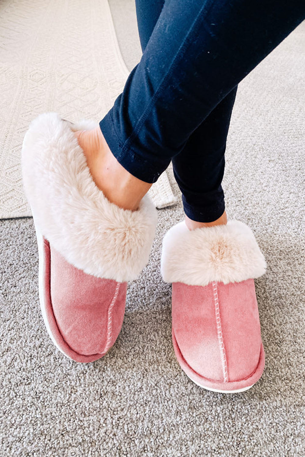 Pink Khaki Faux Suede Plush Lined Slip on Slippers