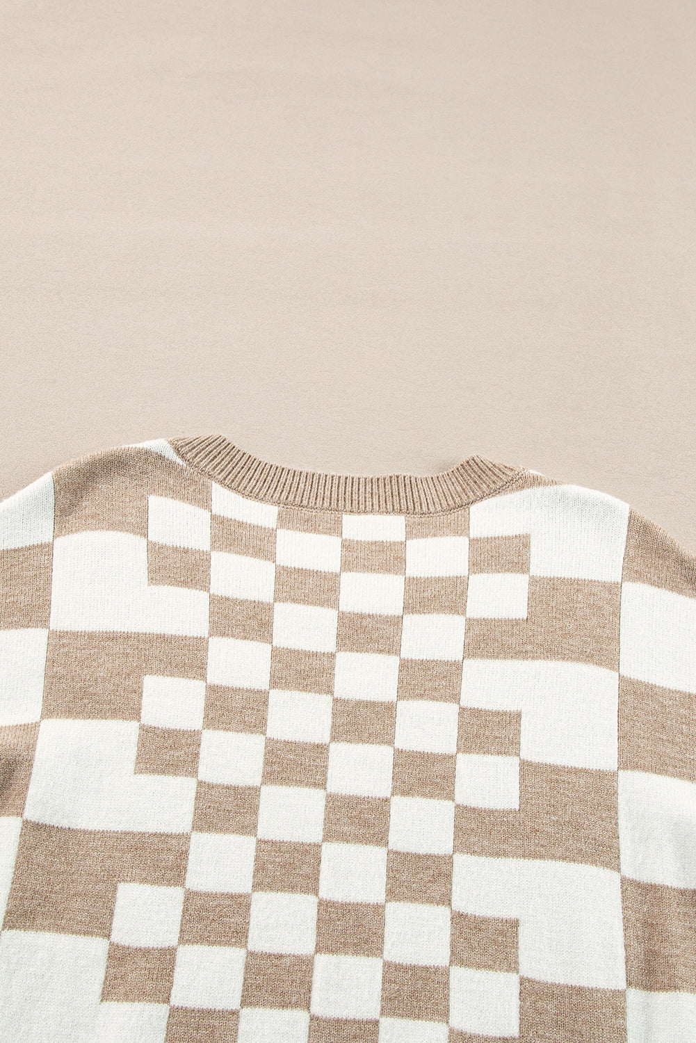 Khaki Checkered Drop Shoulder Round Neck Sweater