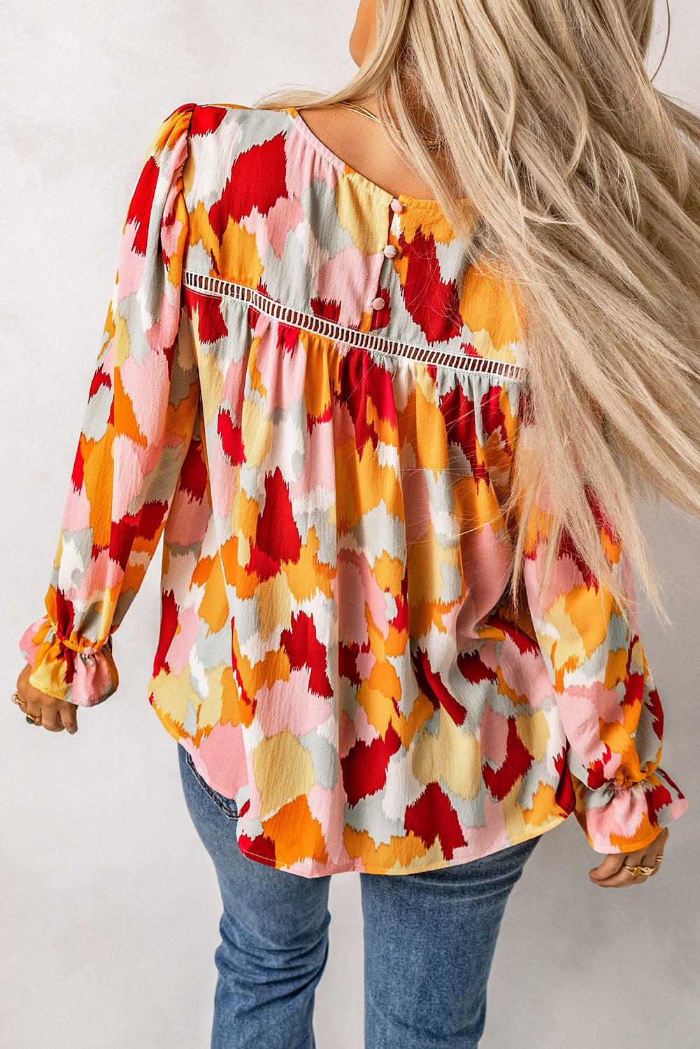 Multicolor Abstract Bohemian Puff Sleeve Blouse