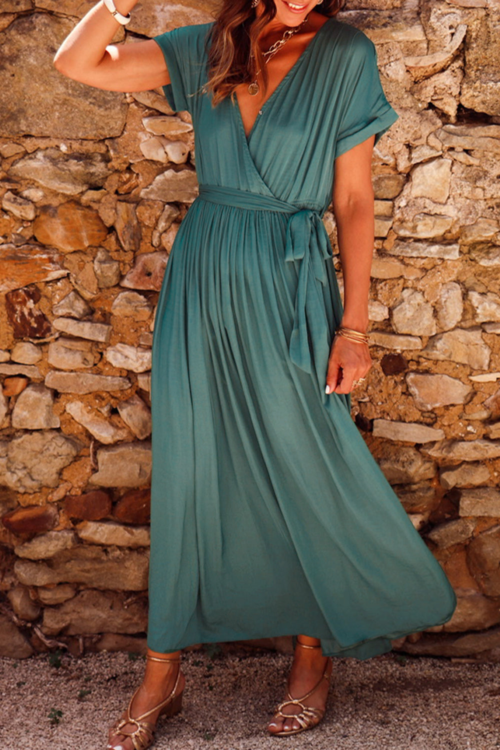 Green Wrap V Neck Belted Pleated Maxi Dress