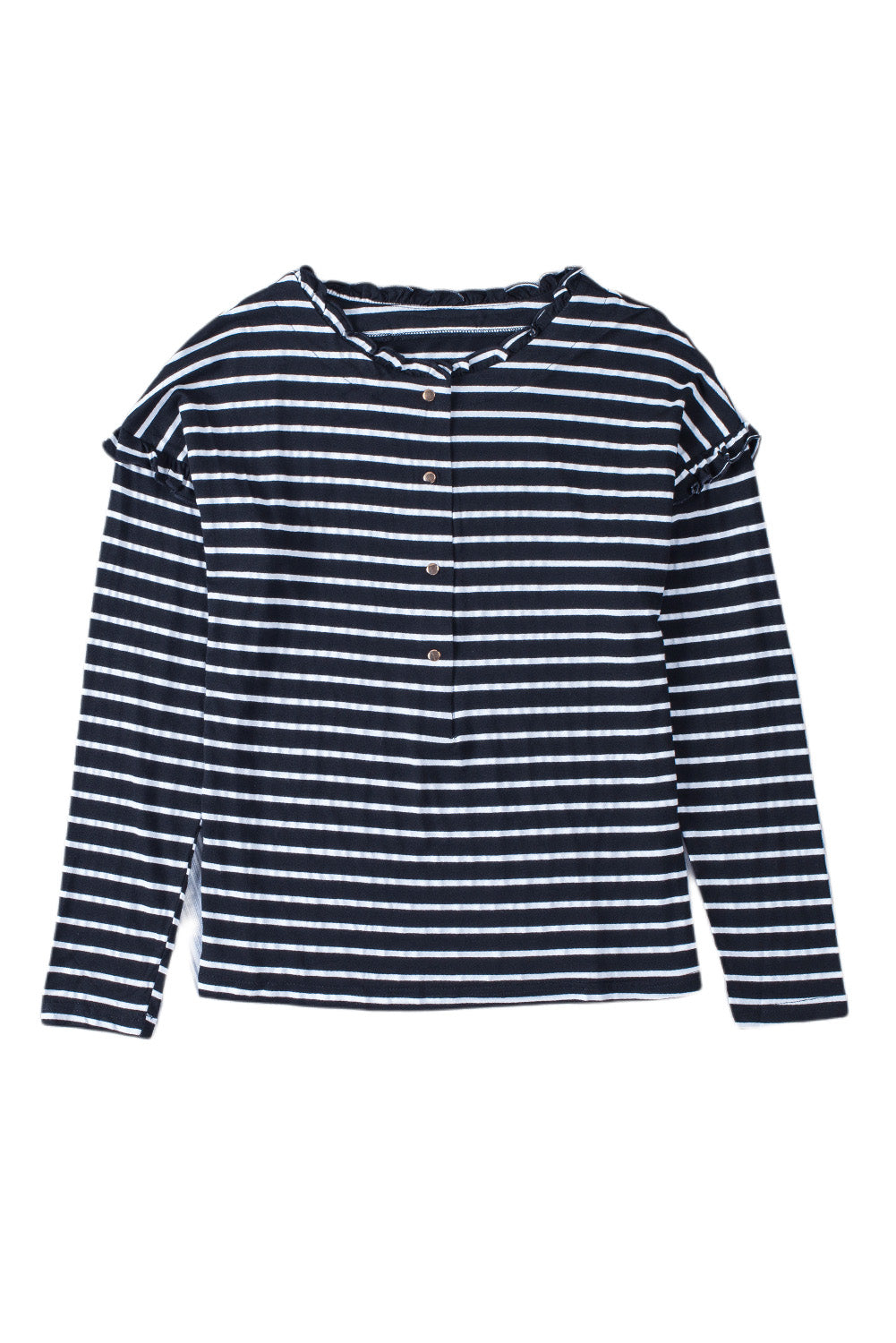 Black Striped Snap Button Casual Long Sleeve Henley Shirt