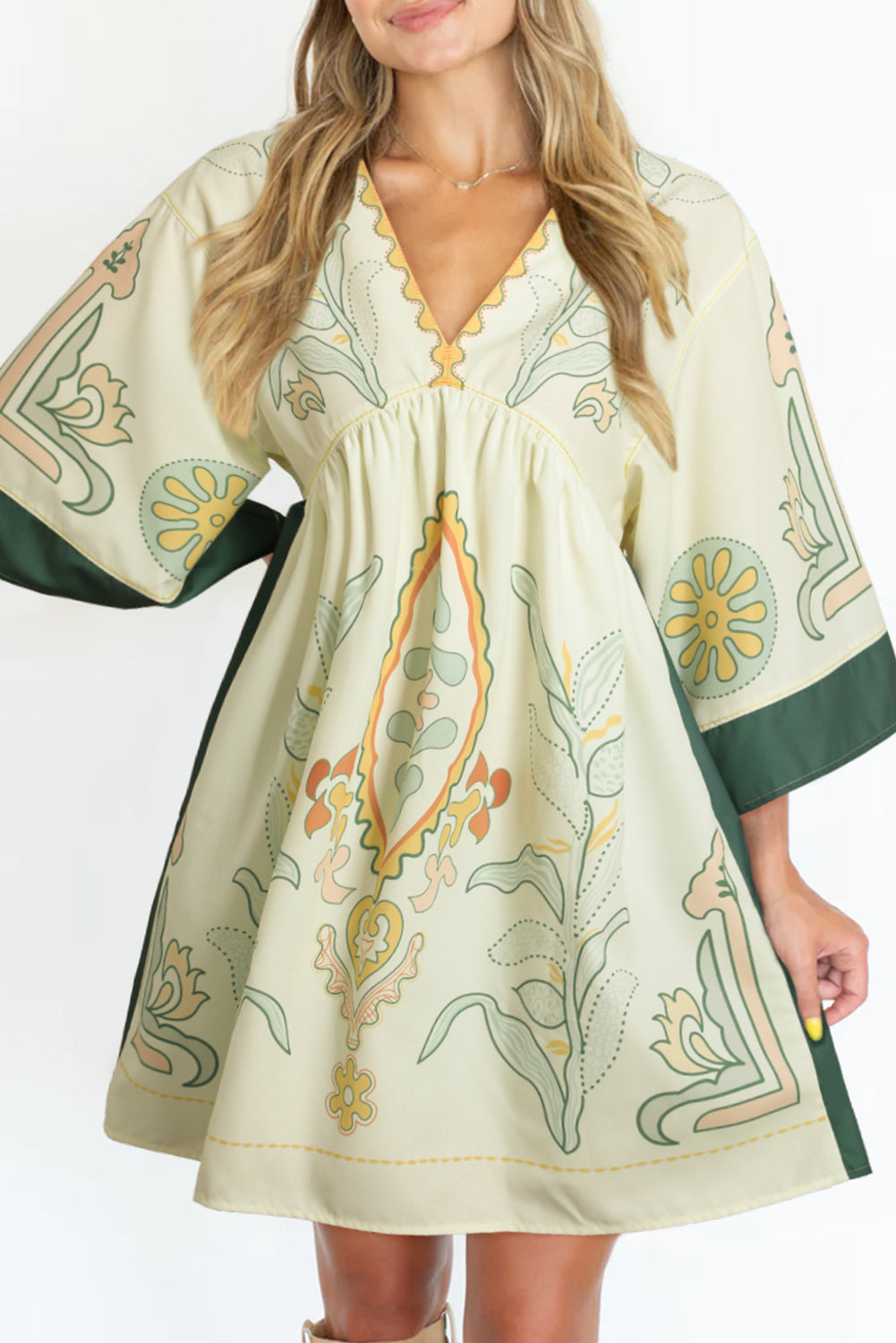 Multicolor Boho Floral V Neck Bell Sleeve Dress