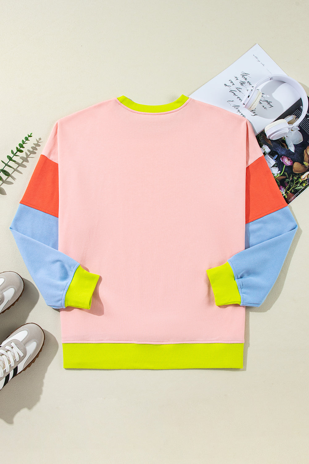 Light Pink Plus Size Colorblock Patchwork Crew Neck Sweatshirt