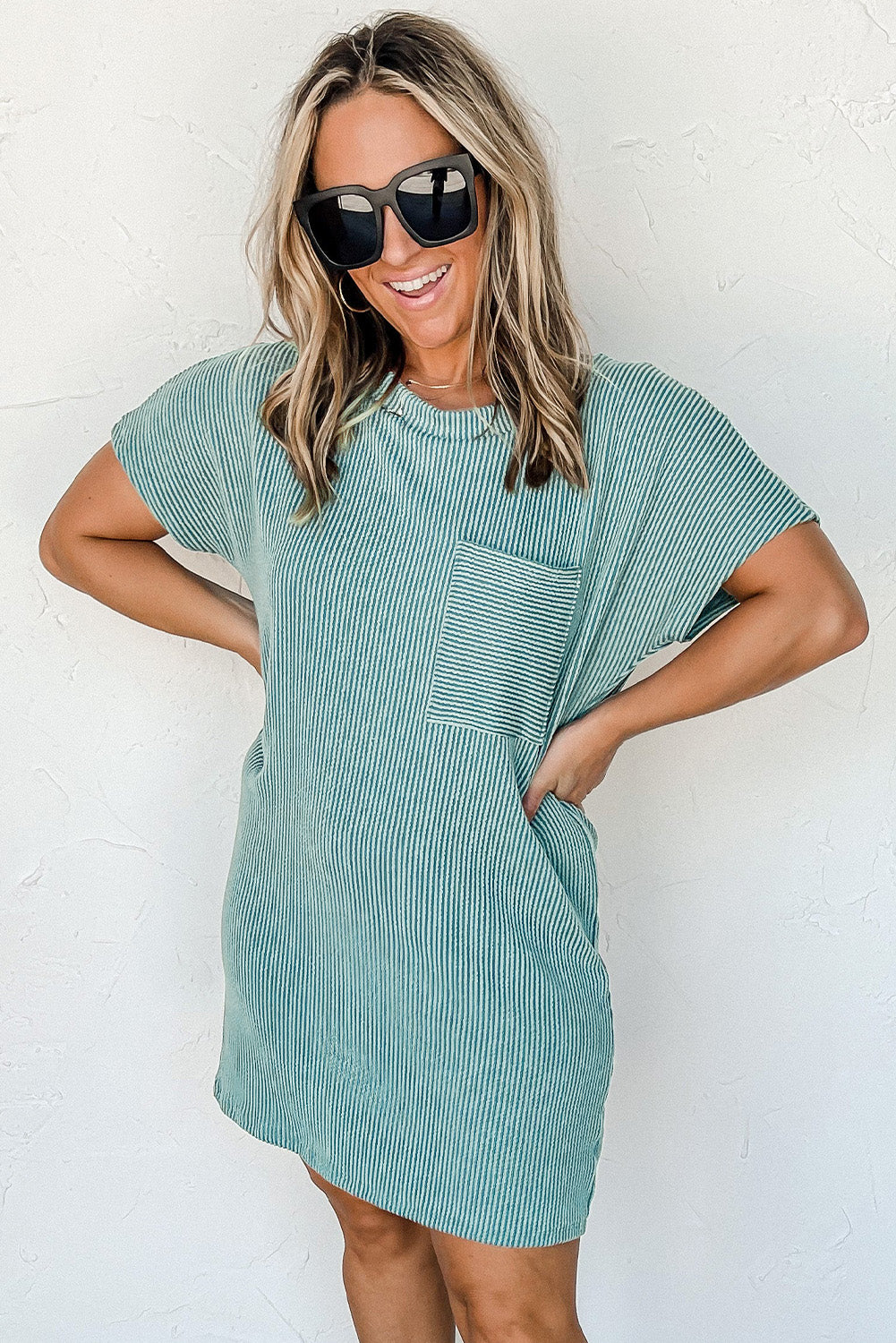 Grey Ribbed Short Sleeve Chest Pocket Casual T Shirt Dress