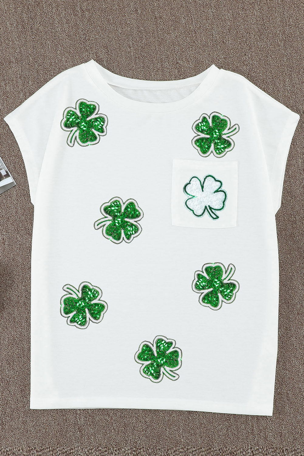 White Sequin St Patrick Clover Patch Pocket Loose Graphic Tee