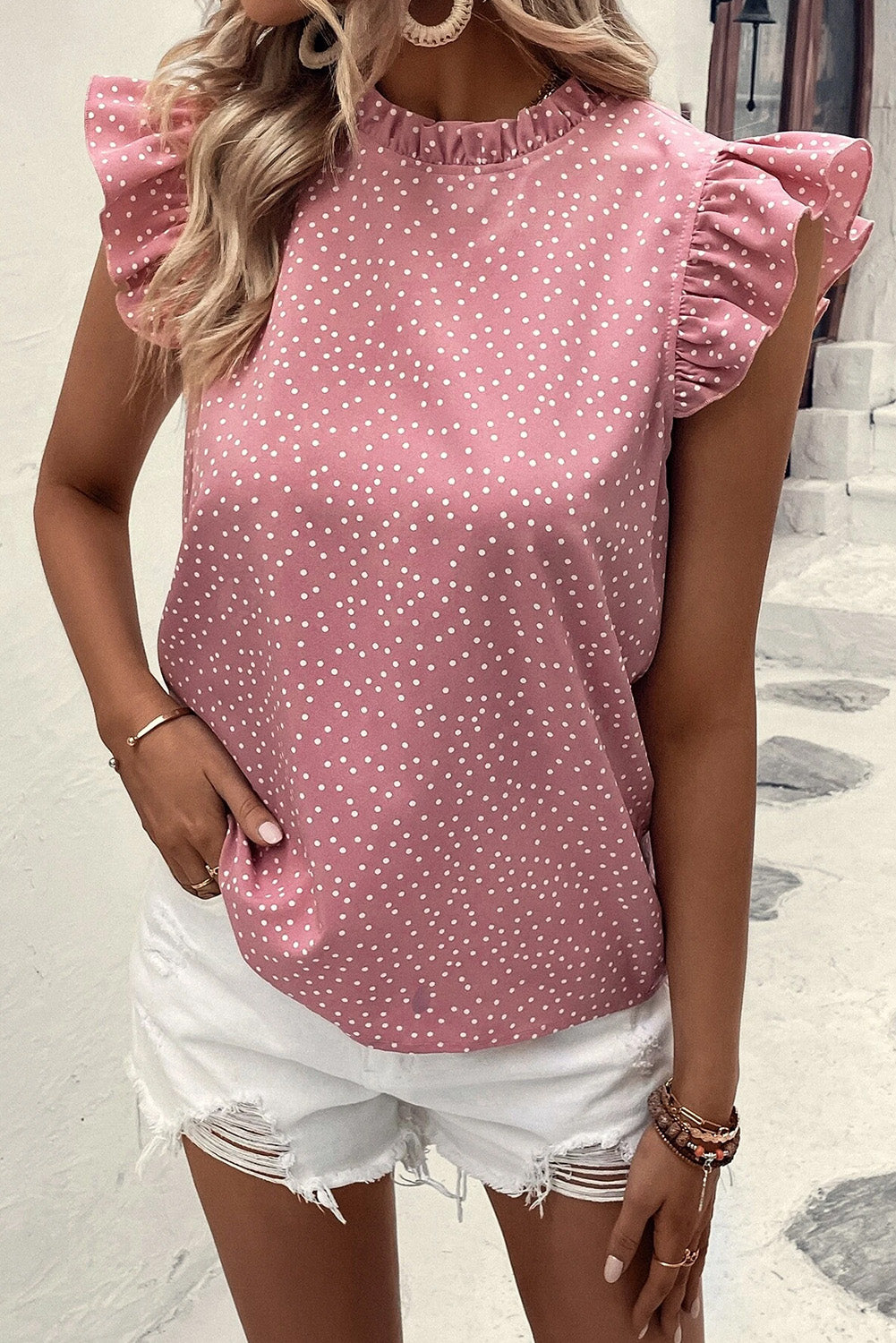 Pink Polka Dot Frilled Neck Ruffle Trim Blouse