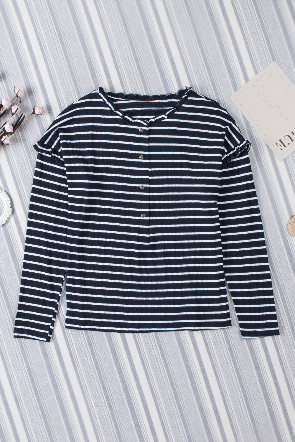 Black Striped Snap Button Casual Long Sleeve Henley Shirt