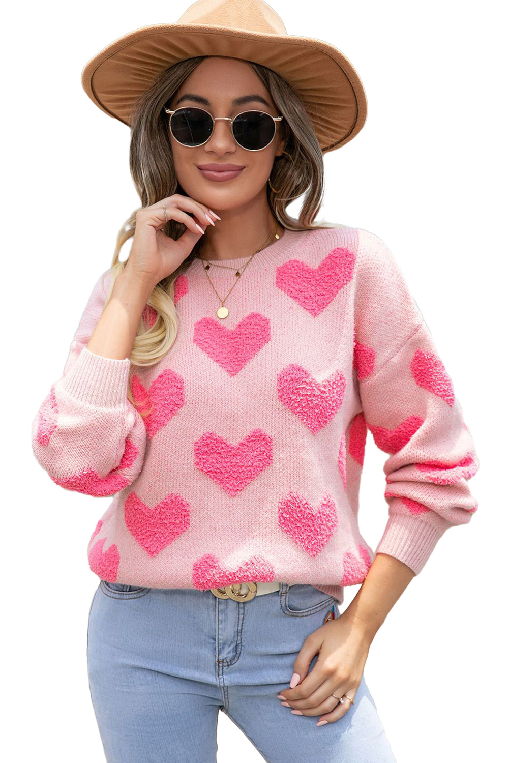 Light Pink Valentines Day Heart Jacquard Knit Sweater