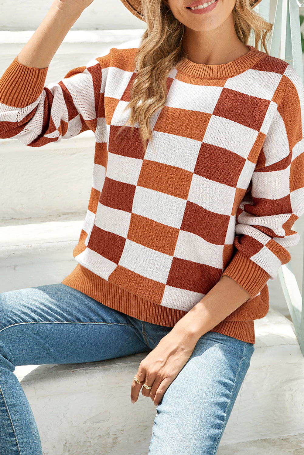 Black Checkered Crew Neck Drop Shoulder Knit Sweater