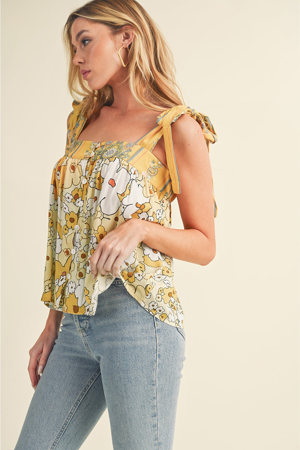 Yellow Floral Patchwork Boho Knot Straps Top