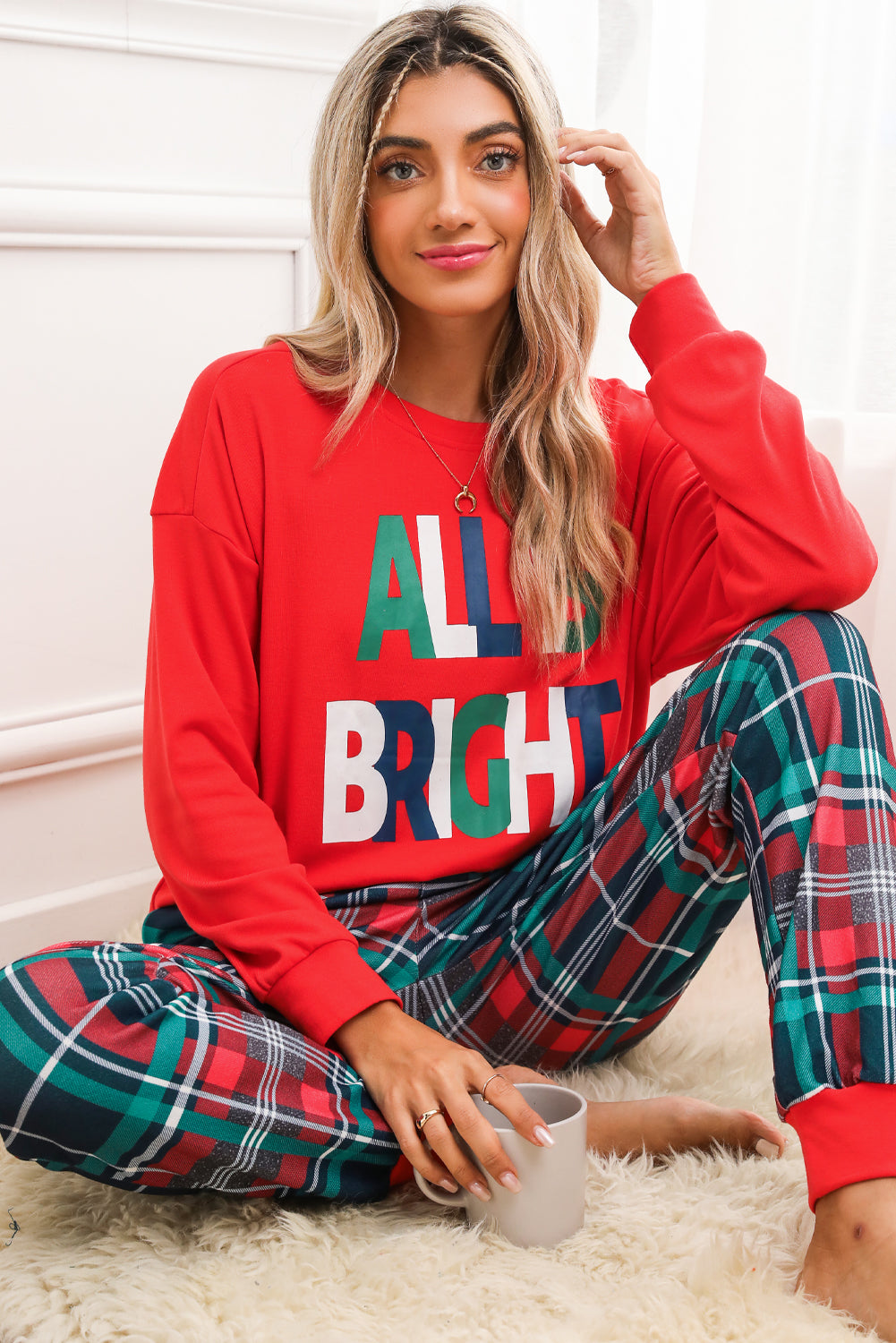 Multicolor ALL IS BRIGHT Christmas Plaid Pajama Set