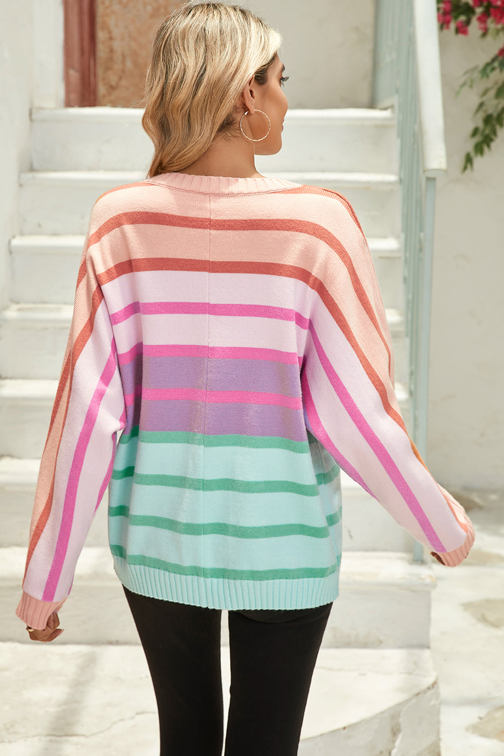 Multicolour Striped Ribbed Edge Gradient Loose Sweater