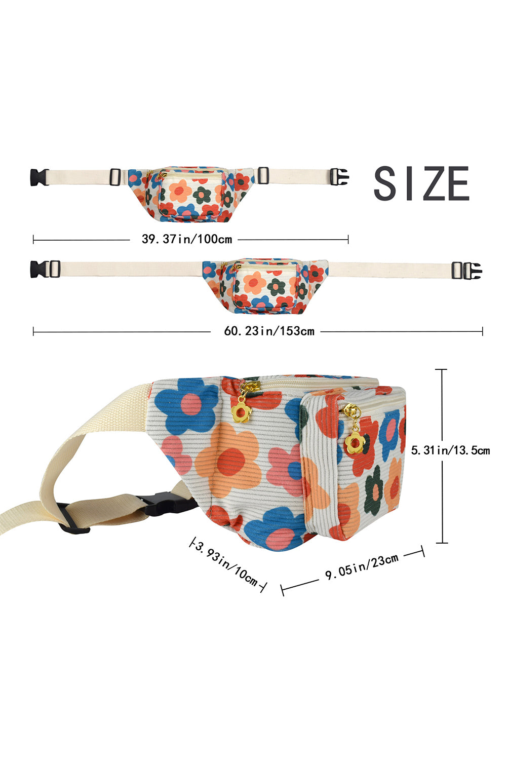 Khaki Colorful Flower Printed Rib Textured Waist Belt Bag